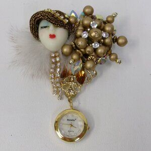 Bonetto Art Deco Flapper Lady in Fur Fancy Brooch Watch in Original Box